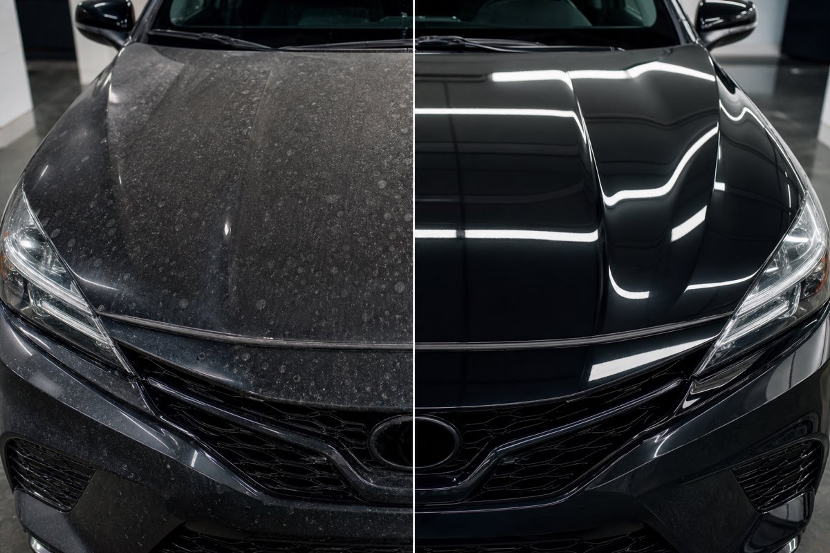 Before and after of a car exterior — dull and dirty on the left, glossy and polished on the right