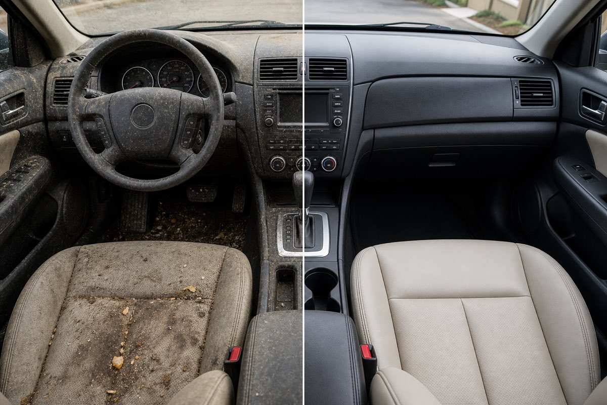 Before and after of a car interior — dirty and stained on the left, spotless on the right