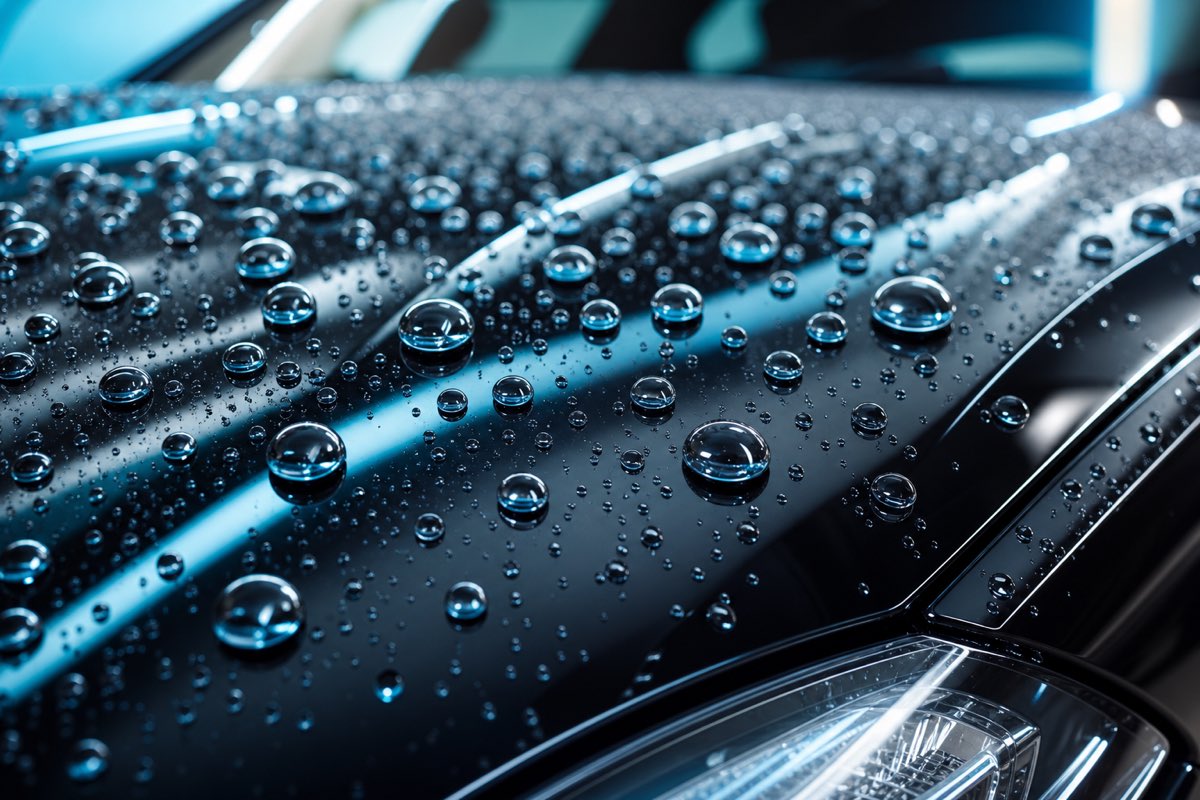 Close-up of water beading on a freshly waxed glossy car surface