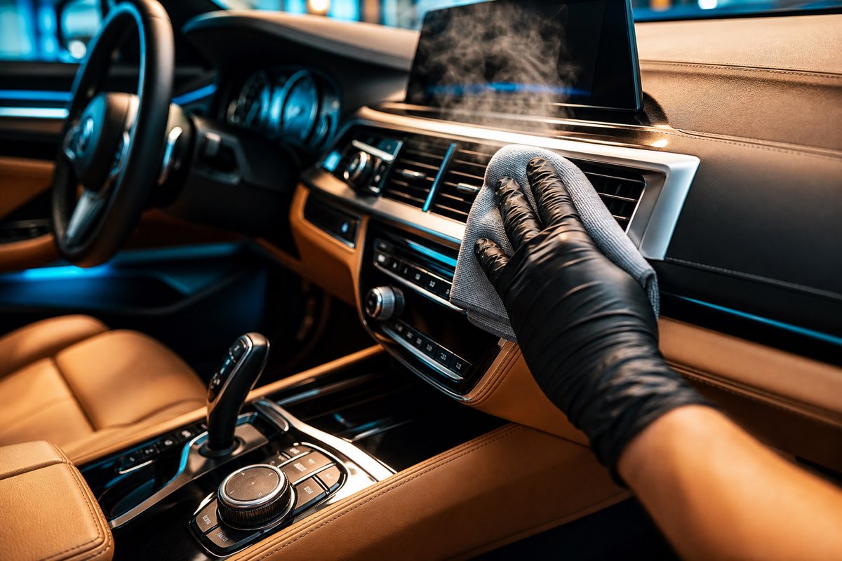 Detailed car interior with spotless dashboard and leather seats